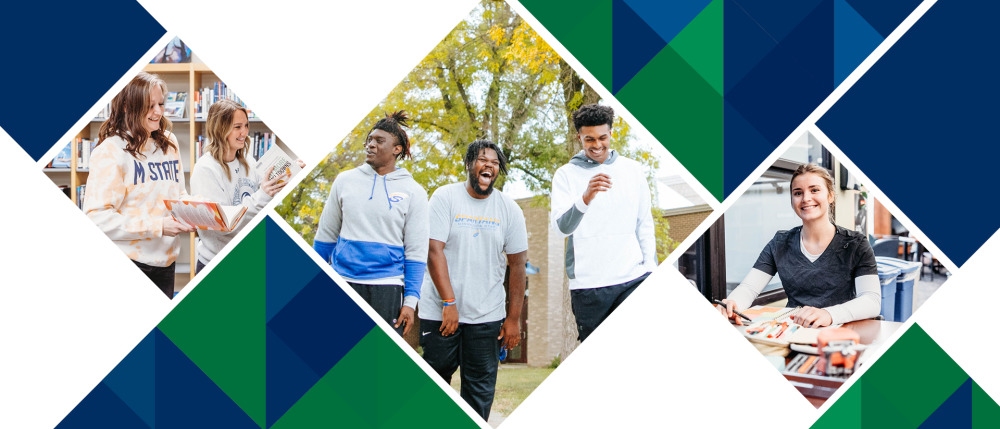 Triangle picture frames feature 3 photos of students at M State.