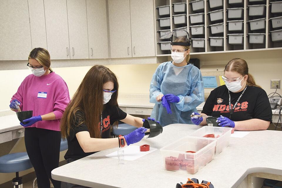 From left, Maddy McCarthy, 17, Tioga, N.D., Alexandria Lade, 16, Casselton, N.D., dental hygiene student Brooke Longnecker and Josie Johnson, 17, Breckenridge, Minn. All were among the participants and instructors in the recent Healthcare, Education, Adventure, Research and Tours Camp held on the campus of North Dakota State College of Science. (Wahpeton Daily News)